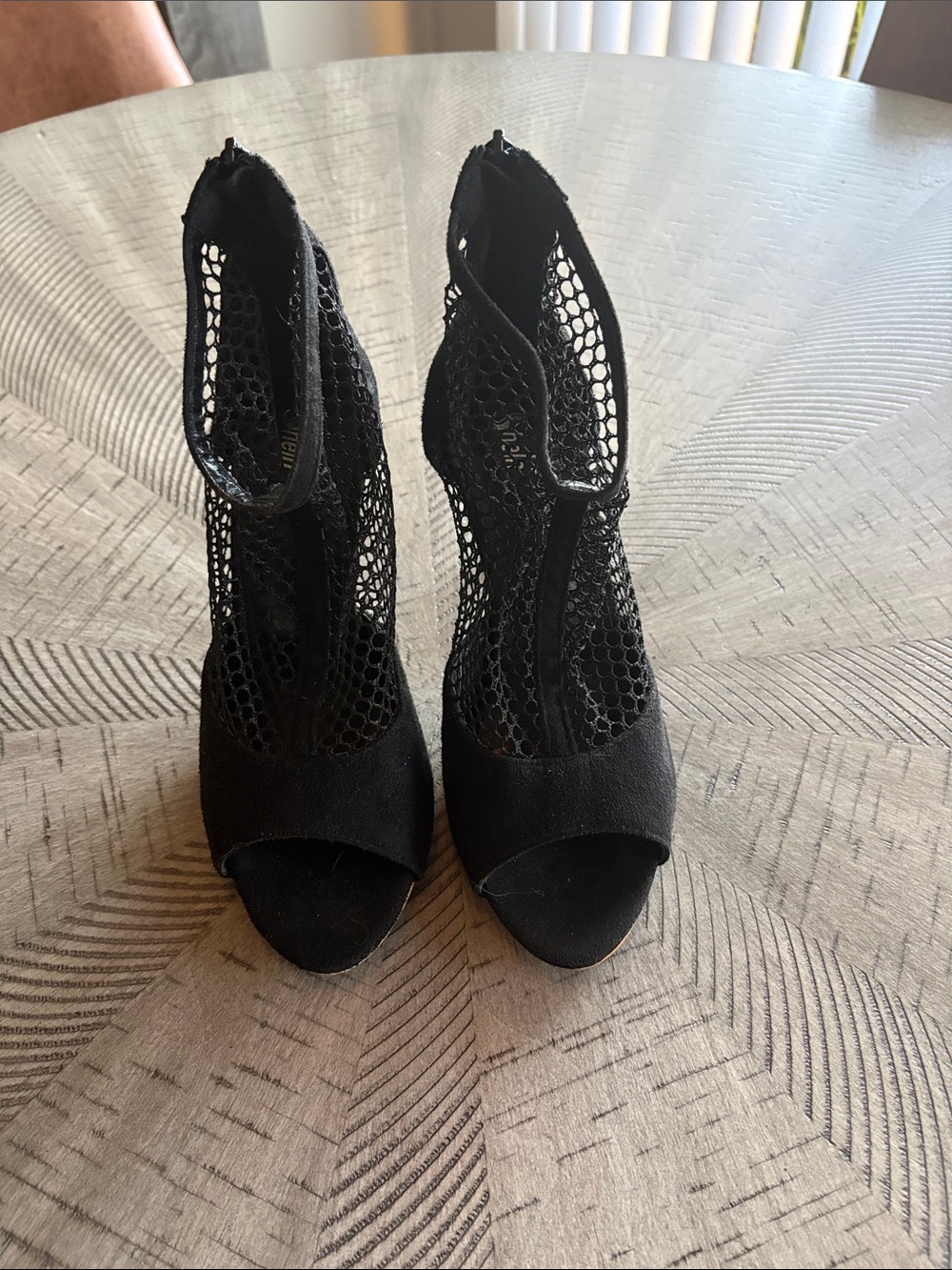 Black Mesh Peep-Toe Stiletto Heels with Ankle Cage